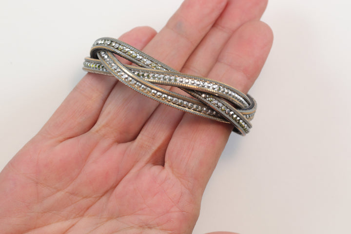 Leather Silver Bracelet Three Woven Strands Criss Crossed Magnetic Clasp Crystals 6 1/4 Inch Polished Spyglass