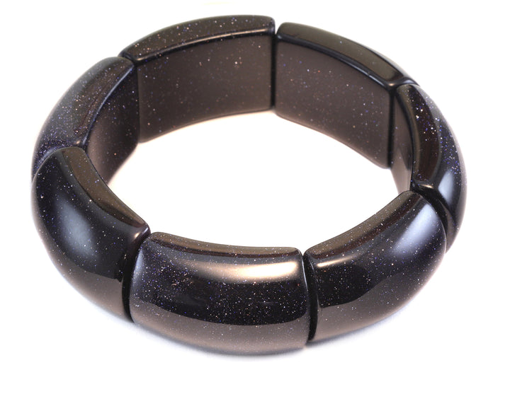 Goldstone Bracelet Large Chunky Bangle Style Stretchy Blue Rectangular shaped Stones 6.5 7 Inches Adjustable natural Polished Large