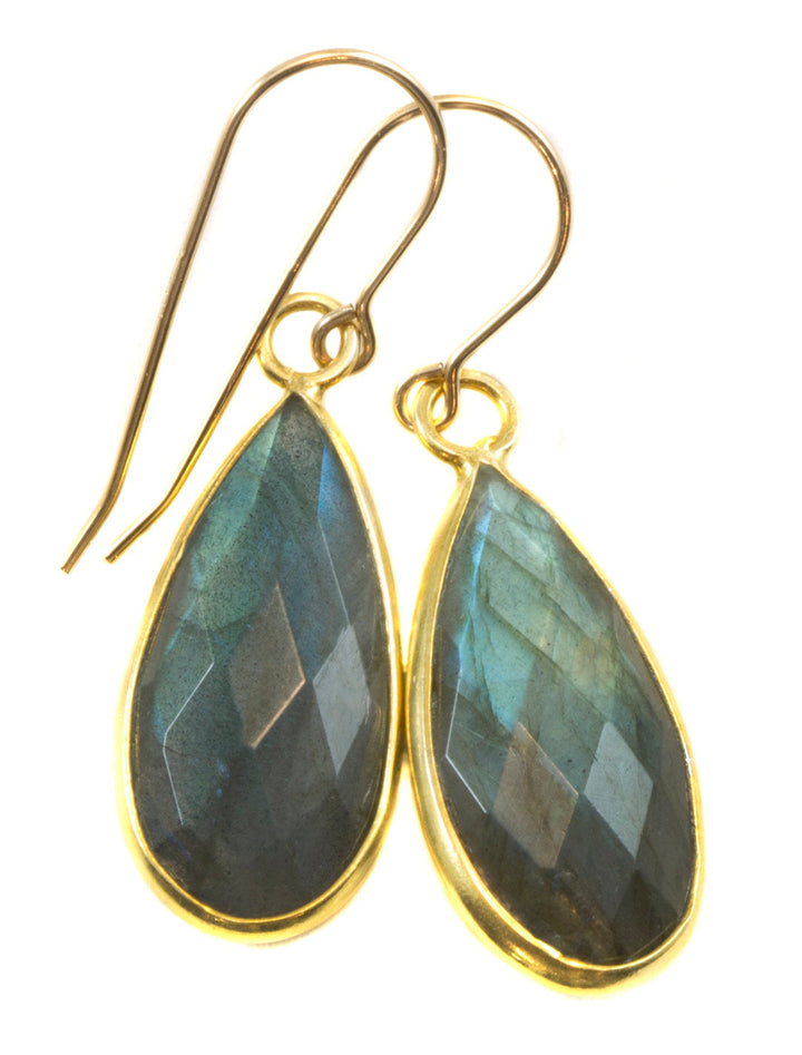 Blue Flash Labradorite Earrings large Simple Drops Bezel faceted teardrops Dangle Sterling Silver or 14k Solid Gold Blue Flash 1.5 Inches