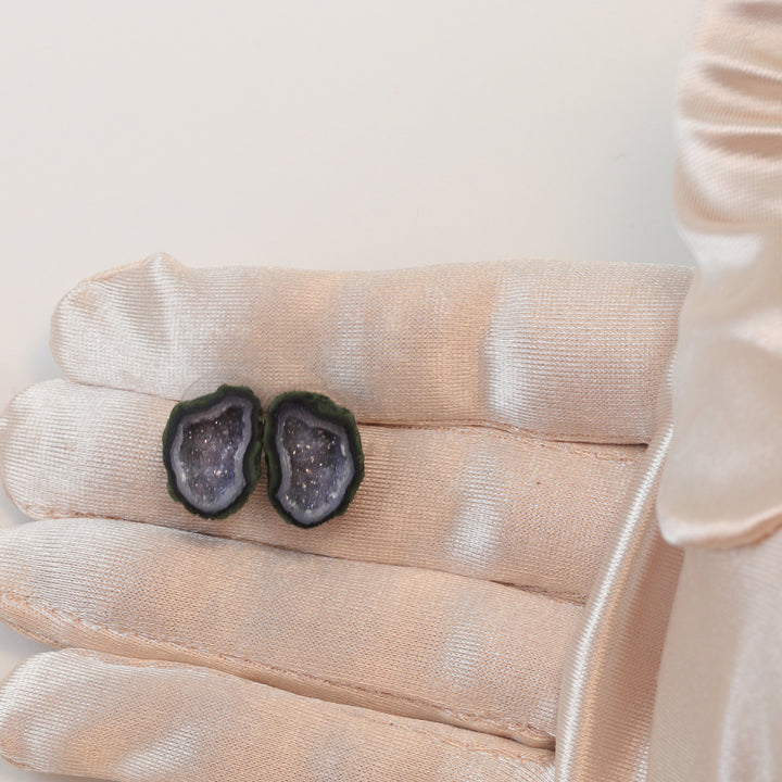 Baby Geode Earrings Tabasco Black Gray Druzy Oval Sterling Silver Polished Small Natural Drusy Quartz Halved Geodes Paired Stud Posts