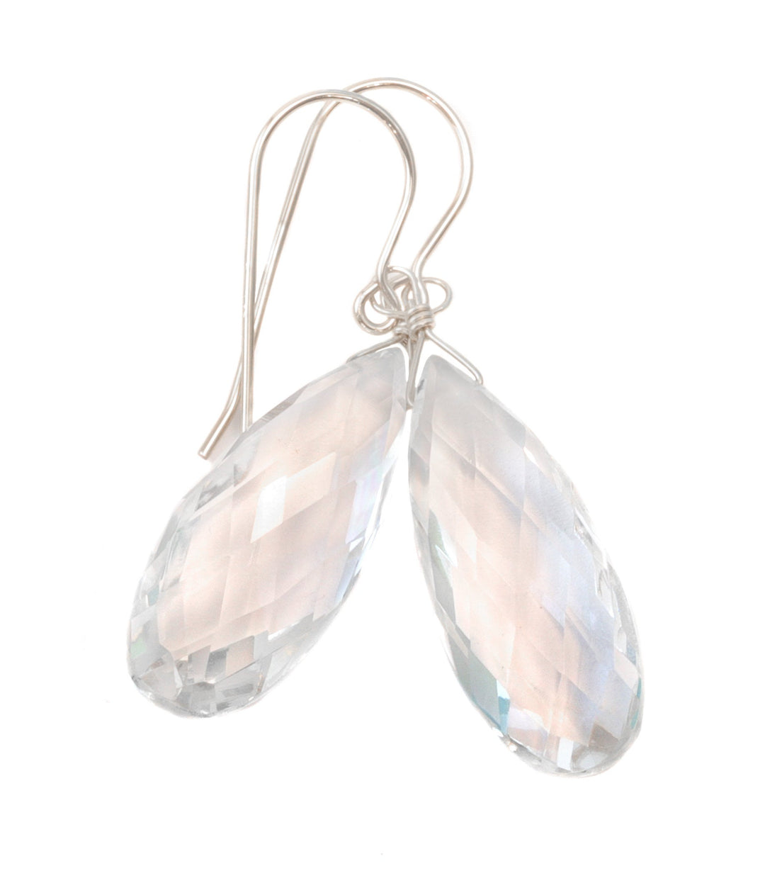 Crystal Clear Quartz Earrings Long Faceted Briolette Teardrop 14k Solid Gold or Filled or Sterling Silver Neutral Natural Classic Drops 1.8