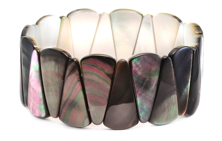 Mother of Pearl Shell Bracelet Natural Rainbow Black Iridescent Colors Black Lip Oyster Stretchy Spyglass Designs 6.5  7 Inch Adjustable