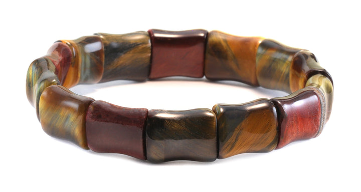 Tiger's Eye Bracelet Curved Natural Bangle Style Stretchy Rectangular shaped Stones 6 7 7.5 Inches Adjustable Blue Red Polished Spyglass