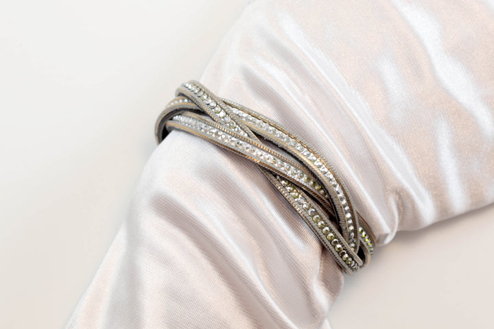 Leather Silver Bracelet Three Woven Strands Criss Crossed Magnetic Clasp Crystals 6 1/4 Inch Polished Spyglass