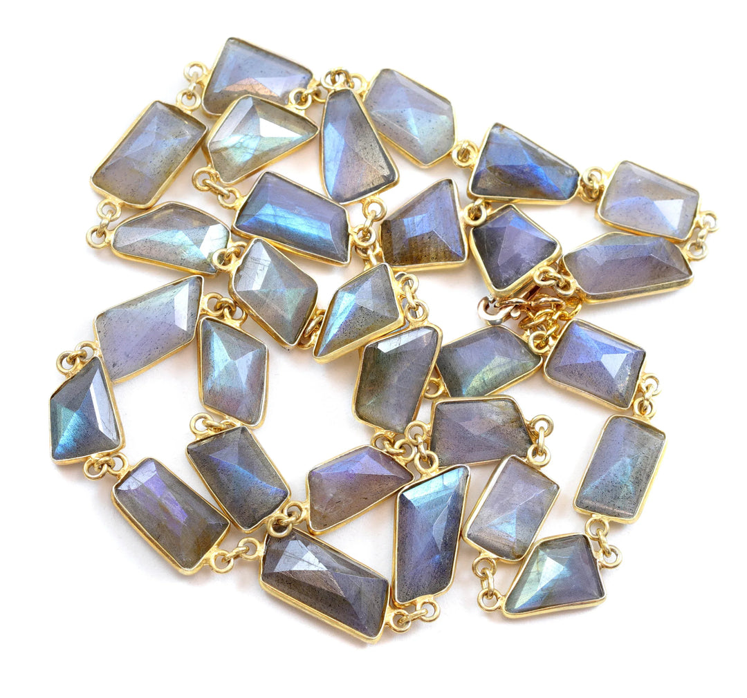 Labradorite Necklace Bezel Set Irregular Shaped Faceted Cut Link 14k Gold Plate Necklace 24 Inch AAA Blue Flash Cut Contemporary Design - Spyglass Designs
