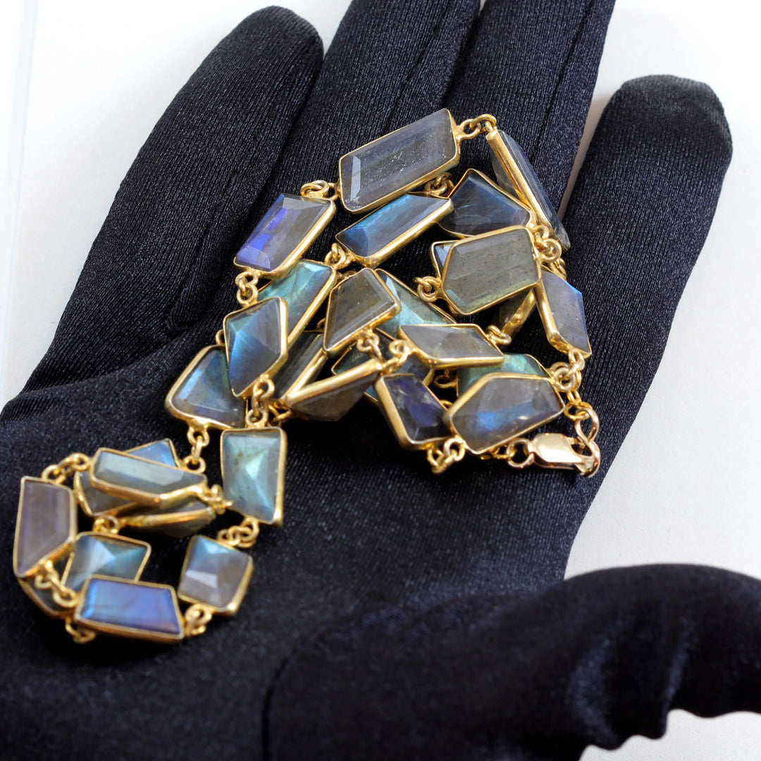 Labradorite Necklace Bezel Set Irregular Shaped Faceted Cut Link 14k Gold Plate Necklace 24 Inch AAA Blue Flash Cut Contemporary Design - Spyglass Designs