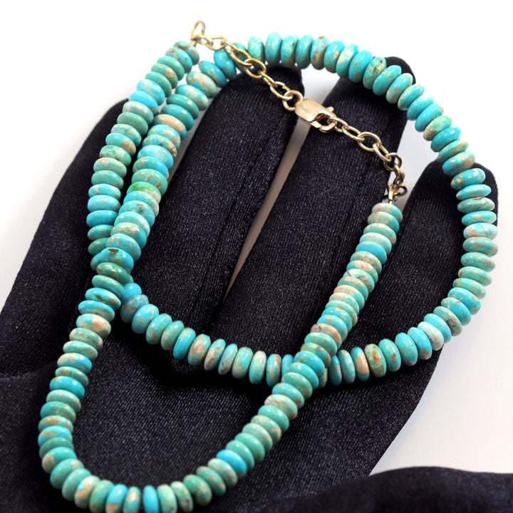 Mexican Blue Turquoise Necklace Solid Strand Sterling Silver or 14k Gold Chain 20 Inches natural stone Smooth Light Blue 7mm Rondelles