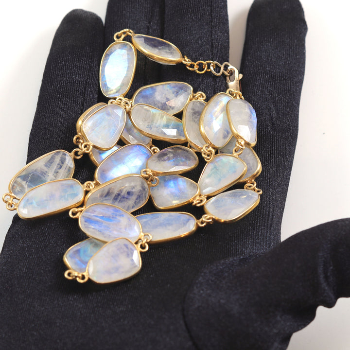 Moonstone Necklace Faceted Rainbow Blue Bezel  14k Yellow Gold Fill and Plate 24 or 36 Inch Chain Large Classic Natural Spyglass Designs