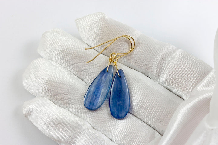 Blue Kyanite Earrings Natural  Smooth Rich blue Large Long Teardrop 14k Solid Yellow Gold or Filled or Sterling Silver Dangle Drops