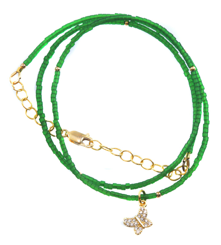 Matte Frosted Green Necklace Solid Strand Tiny 2mm 20 Inch 14k Yellow Gold Filled Elephant Butterfly Dog CZ Pendant Dainty Spyglass Designs