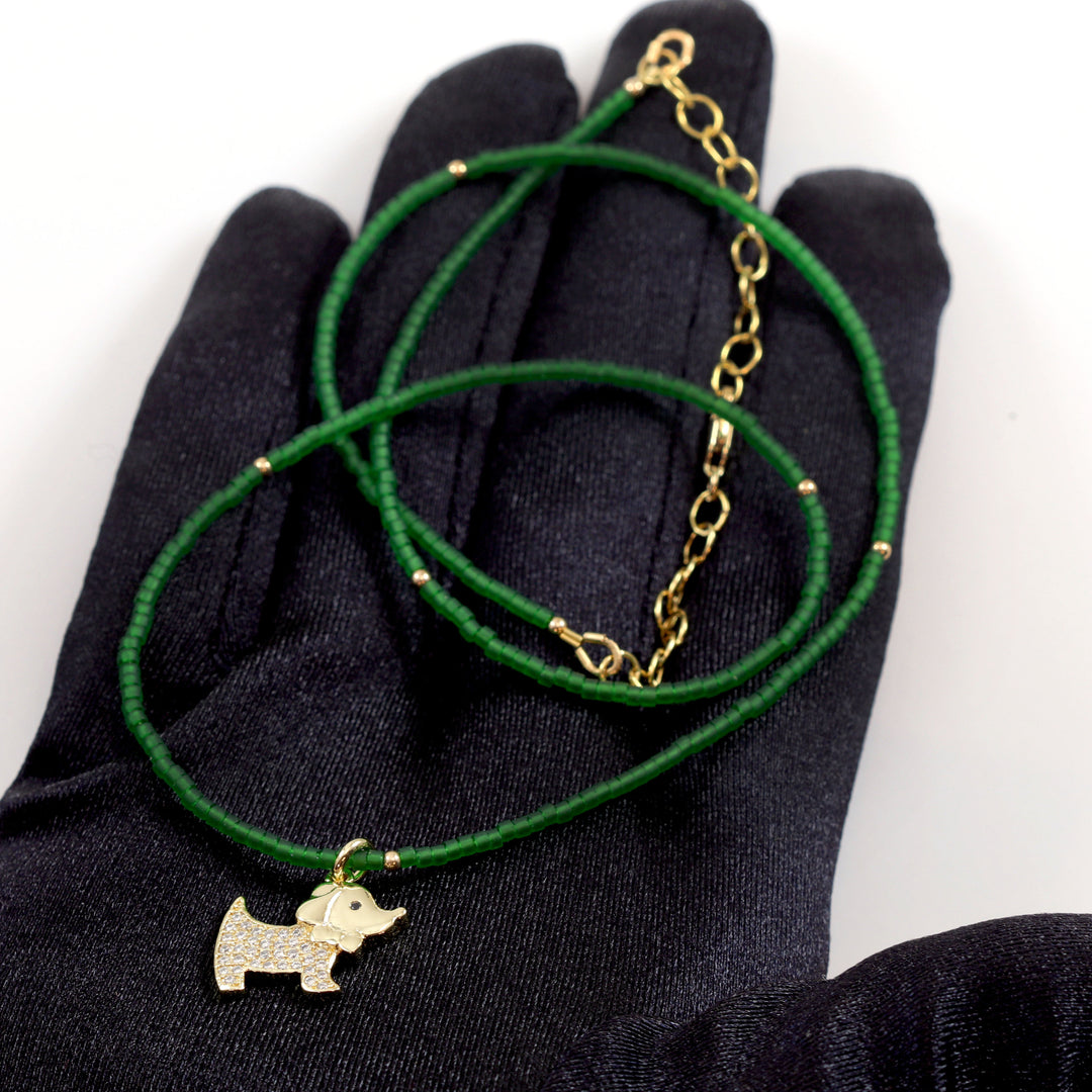 Matte Frosted Green Necklace Solid Strand Tiny 2mm 20 Inch 14k Yellow Gold Filled Elephant Butterfly Dog CZ Pendant Dainty Spyglass Designs