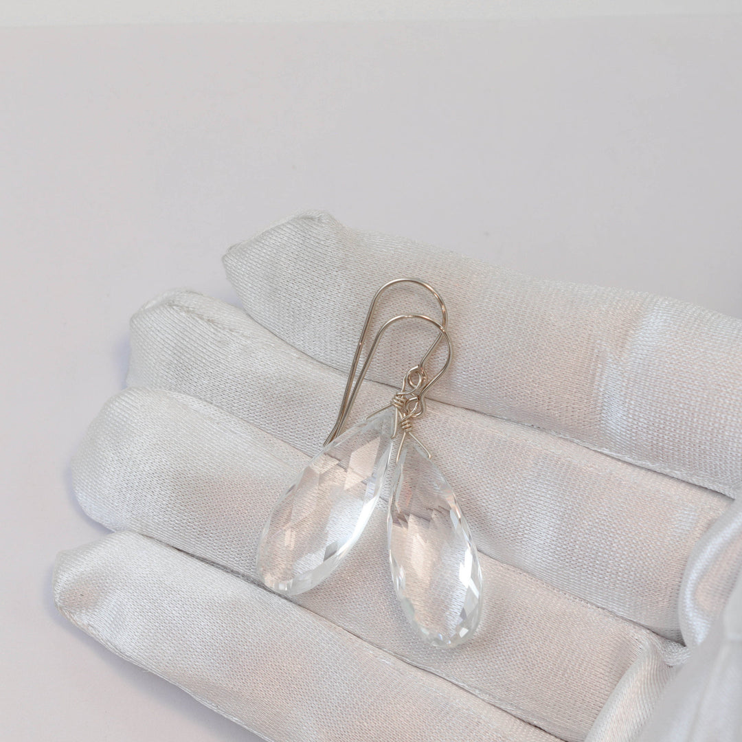 Crystal Clear Quartz Earrings Long Faceted Briolette Teardrop 14k Solid Gold or Filled or Sterling Silver Neutral Natural Classic Drops 1.8