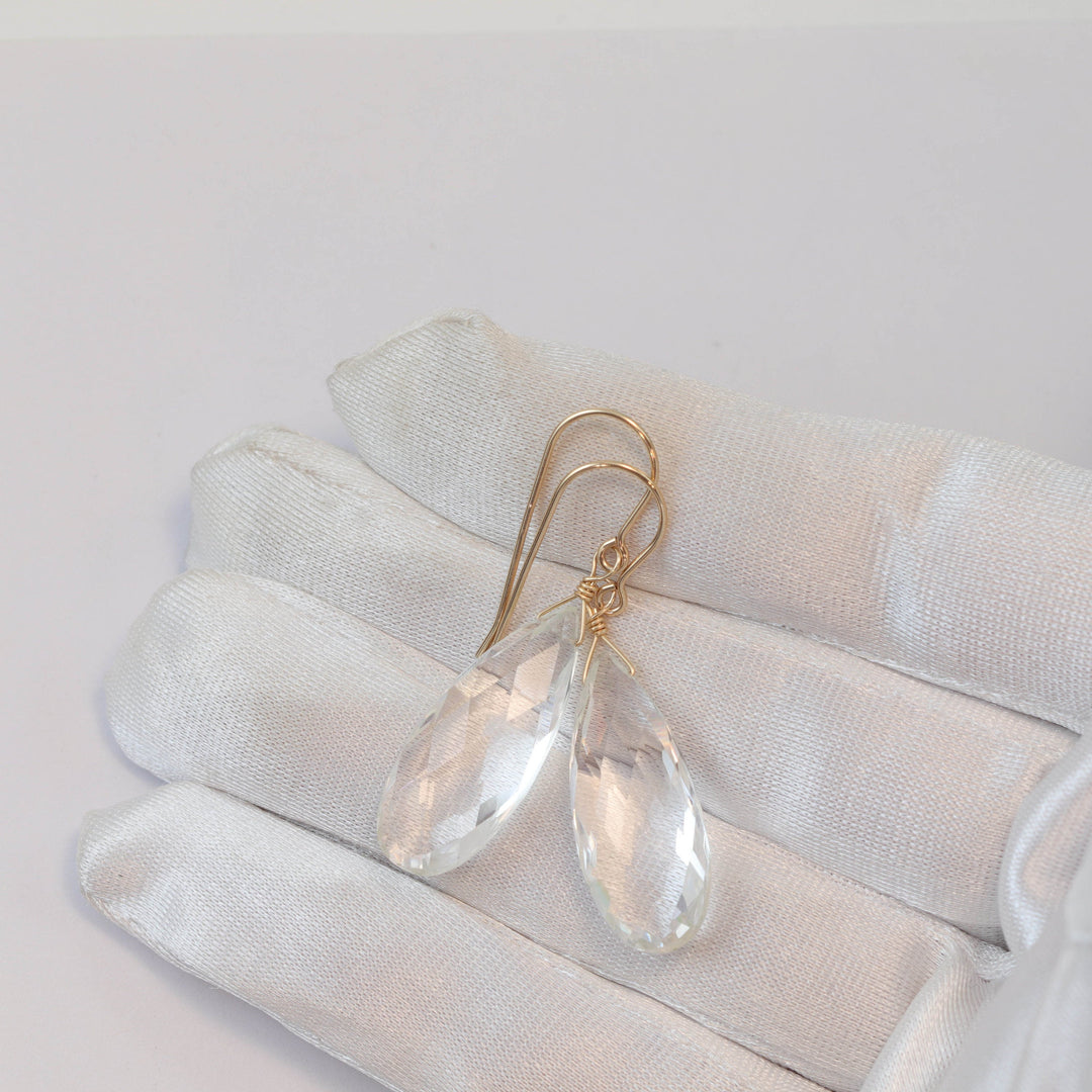 Crystal Clear Quartz Earrings Long Faceted Briolette Teardrop 14k Solid Gold or Filled or Sterling Silver Neutral Natural Classic Drops 1.8