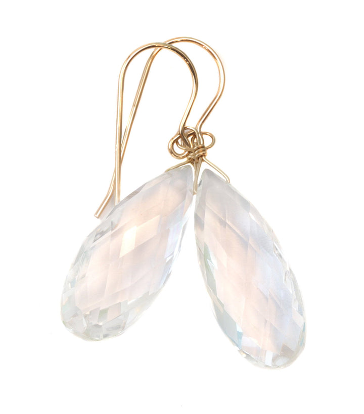 Crystal Clear Quartz Earrings Long Faceted Briolette Teardrop 14k Solid Gold or Filled or Sterling Silver Neutral Natural Classic Drops 1.8