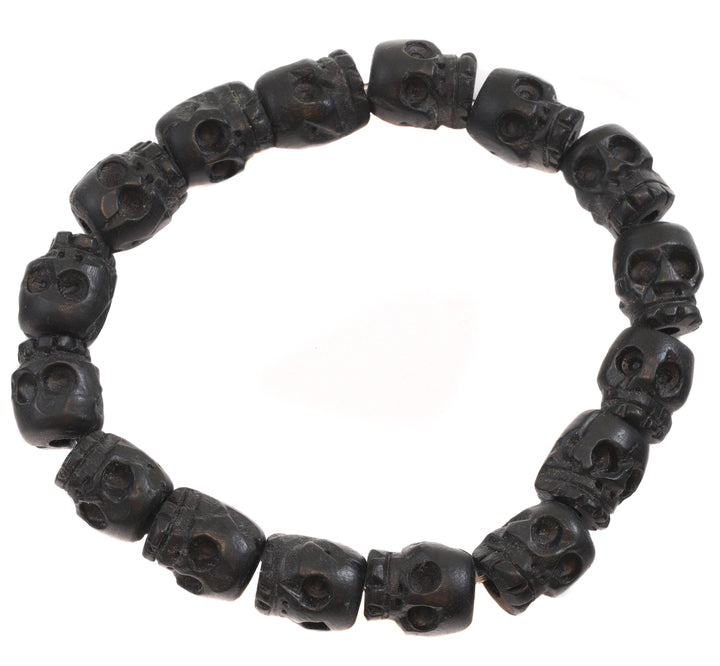 Skull Bracelet Carved Brown or Black Wood Small Medium Large Size Wooden Skulls 7 8 9 Inch Women Man Men's Bracelet Stretchy Tibetan Prayer
