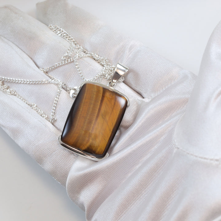 Tiger's Eye Pendant Rectangle Shaped Golden Stripes Sterling Silver Curb Chain 20 Inches Natural Simple Spyglass Designs