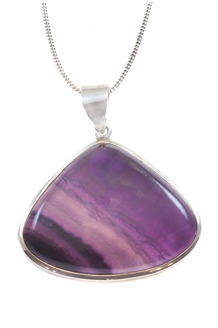 Fluorite Pendant Necklace Purple Striped Large Necklace Natural Genuine  Contemporary Teardrop Sterling Silver Bezel Set Curb Chain 20