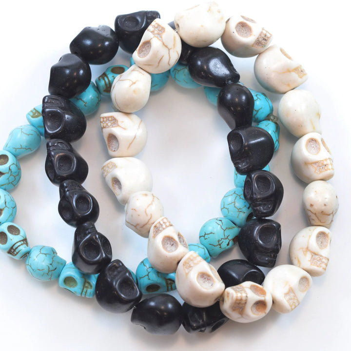 Skull Bracelet White Black Turquoise Blue Howlite Stone Skulls 7 8 Inch Man Men&