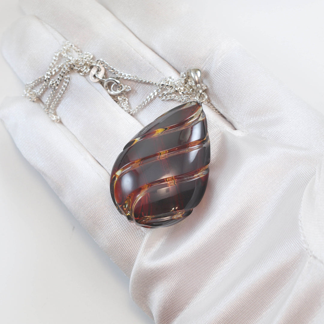 Amber Pendant Baltic Natural Large or Medium Puffed Carved Teardrop Spyglass Designs Unique Cut Long Sterling Silver Curb Necklace 20"