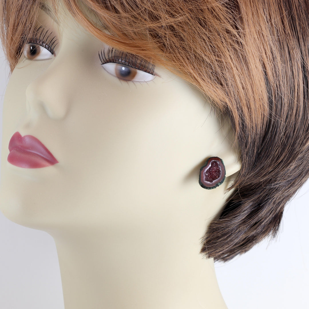 Baby Geode Earrings Tabasco Pink Red  Druzy Post Studs Sterling Silver Small Natural Drusy Quartz Halved Geodes Paired AAA Spyglass Designs