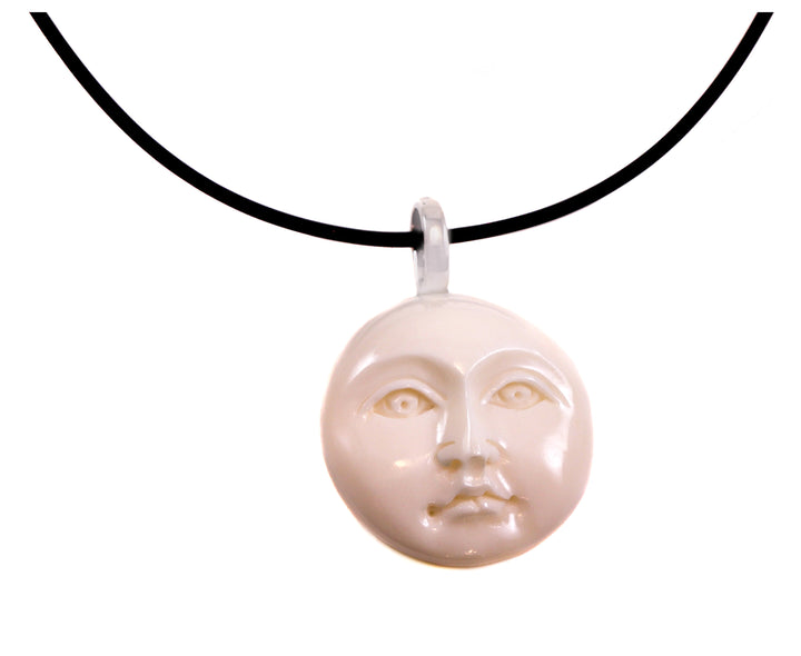 Moon face Necklace Pendant Round Sterling Silver Lobster Necklace Black Rubber 18" Simple Peaceful White Moon Face small or large sizes
