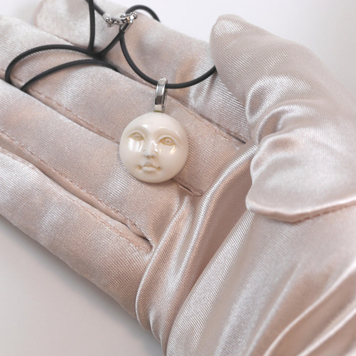 Moon face Necklace Pendant Round Sterling Silver Lobster Necklace Black Rubber 18" Simple Peaceful White Moon Face small or large sizes