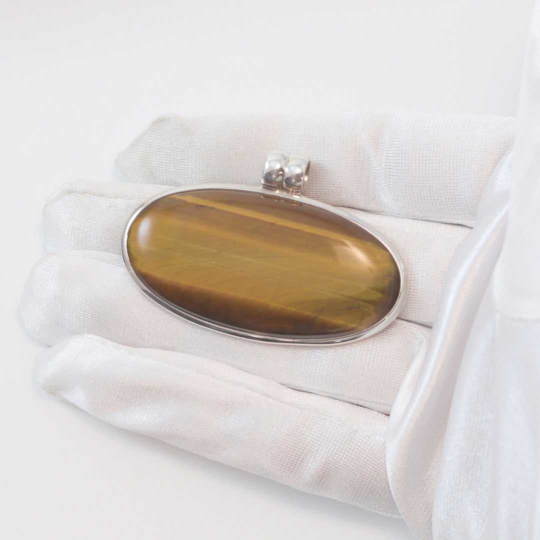 Tiger's Eye Pendant Oval Shaped Golden Stripes Sterling Silver Pendant Only Natural Simple Spyglass Designs 2"