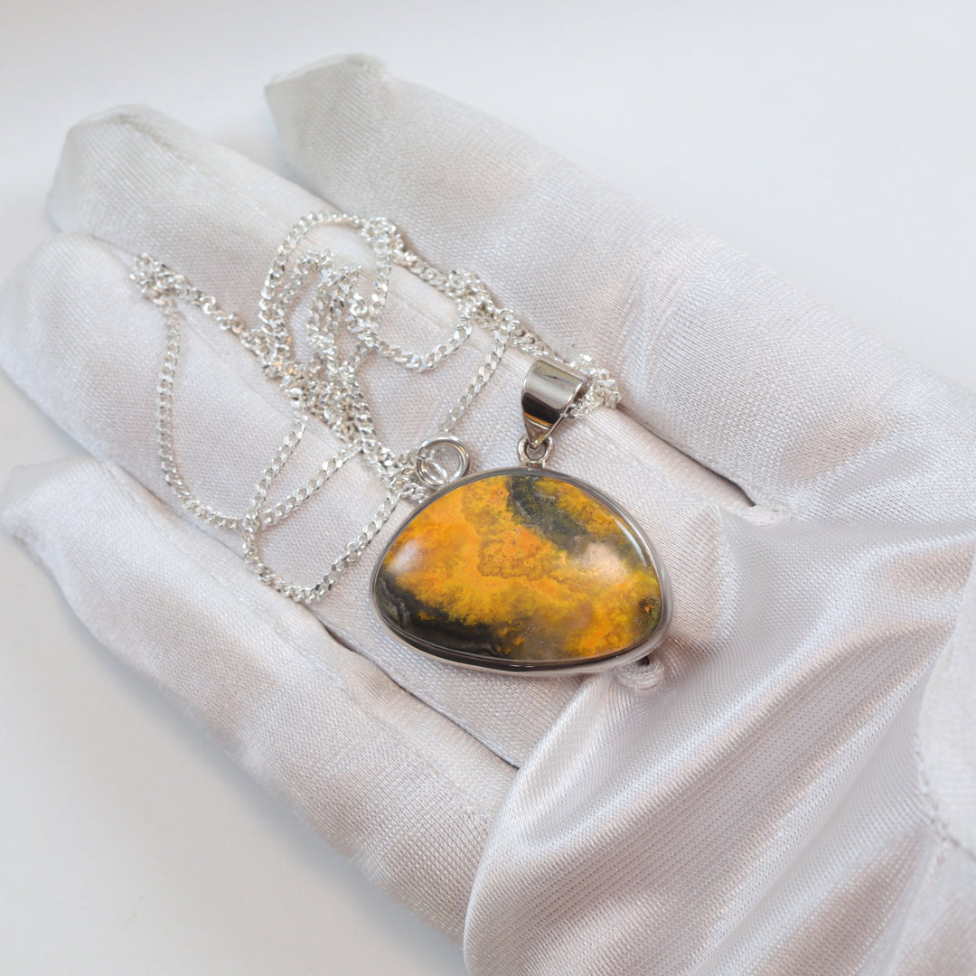 Bumble Bee Jasper Necklace Pendant smooth Sterling Silver Filled Natural Yellow Orange Large Oblong Oval Drop Simple Unique Spyglass Designs