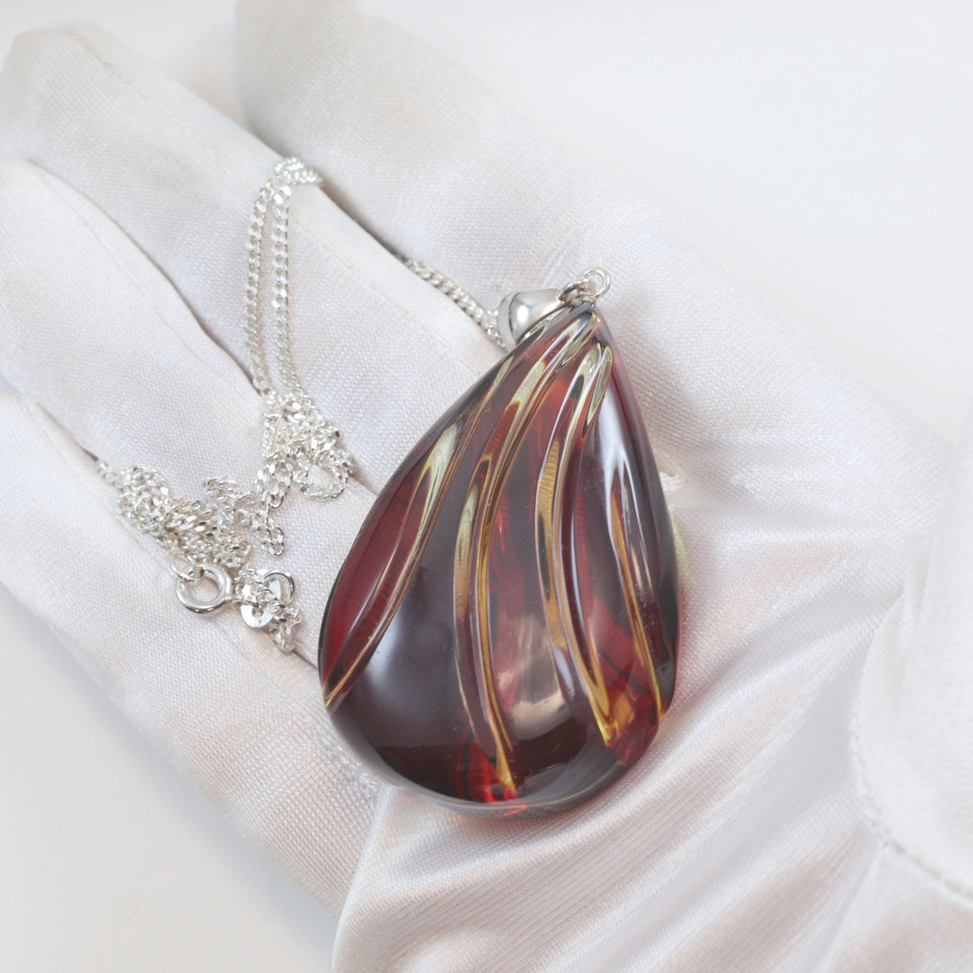 Amber Pendant Baltic Natural Large or Medium Puffed Carved Teardrop Spyglass Designs Unique Cut Long Sterling Silver Curb Necklace 20"