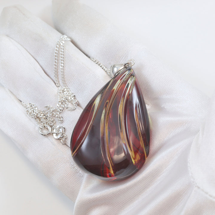 Amber Pendant Baltic Natural Large or Medium Puffed Carved Teardrop Spyglass Designs Unique Cut Long Sterling Silver Curb Necklace 20"