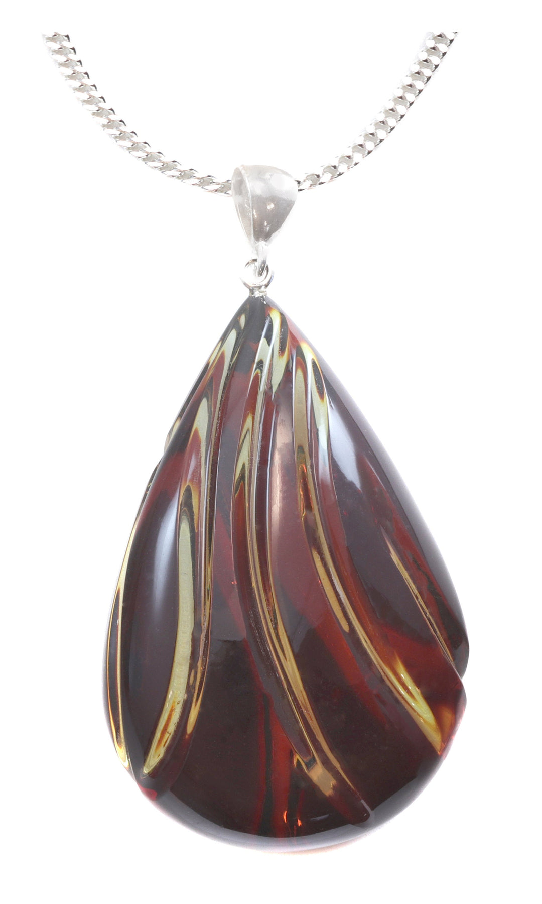 Amber Pendant Baltic Natural Large or Medium Puffed Carved Teardrop Spyglass Designs Unique Cut Long Sterling Silver Curb Necklace 20"
