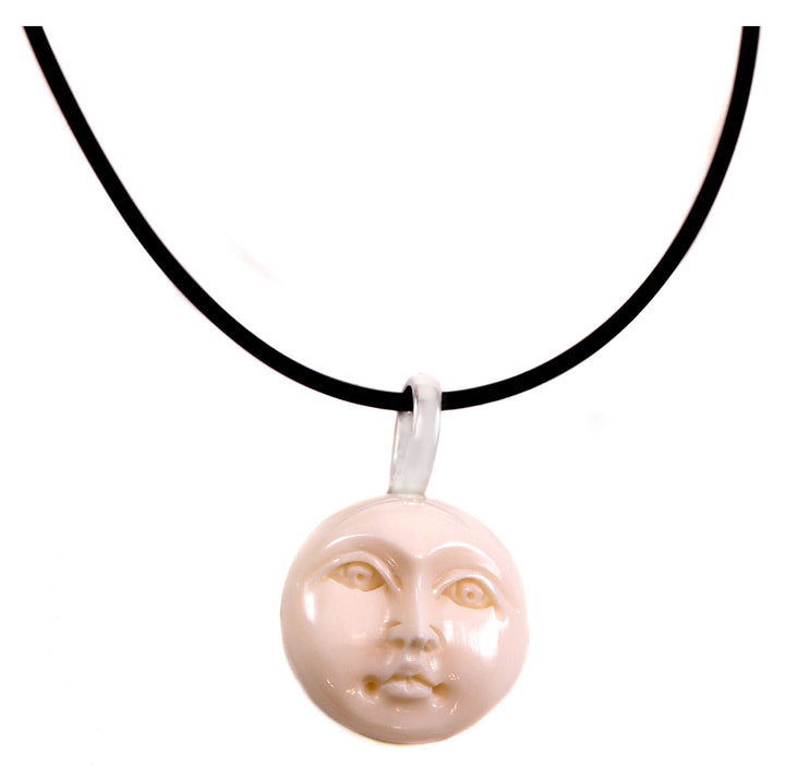 Moon face Necklace Pendant Round Sterling Silver Lobster Necklace Black Rubber 18" Simple Peaceful White Moon Face small or large sizes