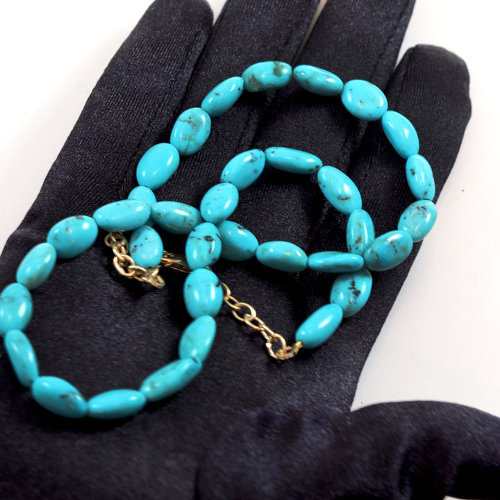 Blue Turquoise Necklace Smooth Off round oval Solid Strand Beaded Sterling Silver or 14k Gold Filled  18 Inch natural stone Light Blue 12mm