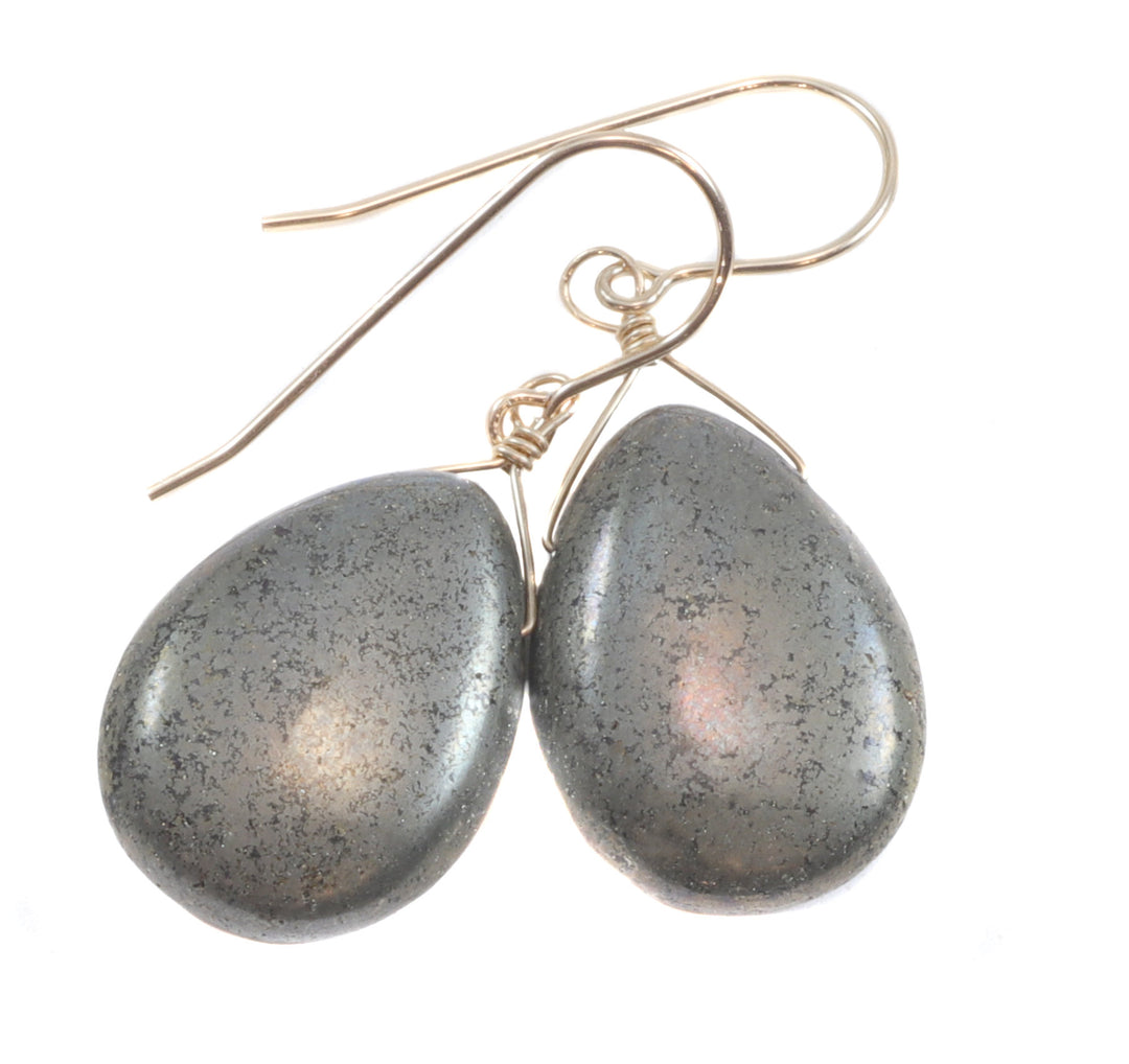 Natural Pyrite Earrings 14k solid gold or filled or Sterling Silver French Ear Wires Natural Smooth Teardrops Earthy Golden Daily Neutral