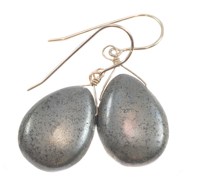 Natural Pyrite Earrings 14k solid gold or filled or Sterling Silver French Ear Wires Natural Smooth Teardrops Earthy Golden Daily Neutral