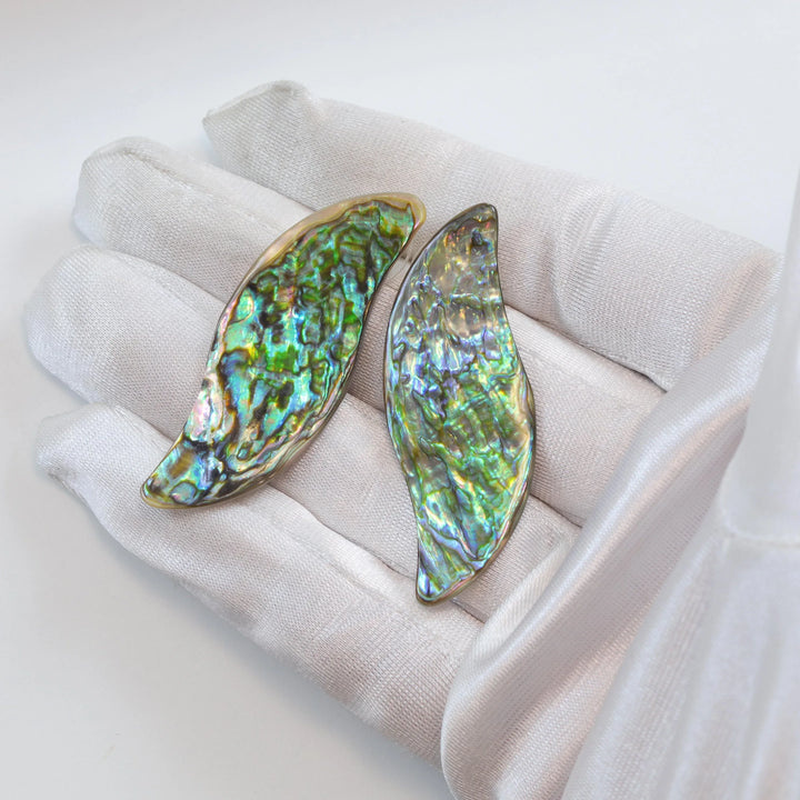 Abalone Paua Shell Teardrop Earrings Large Natural Peacock Colors 14k Solid Gold or Filled or Sterling Silver Curved Post Studs Style 2 Inch - Spyglass Designs