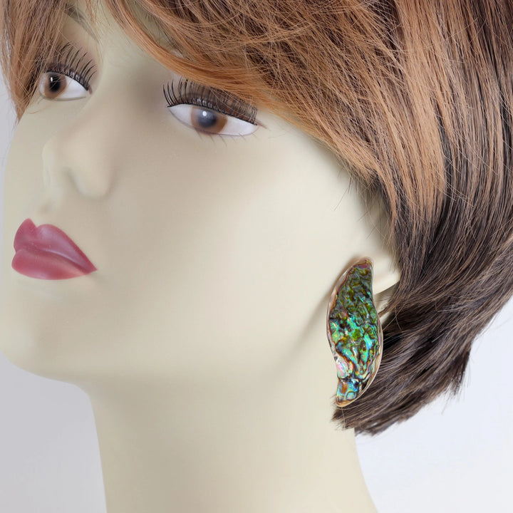Abalone Paua Shell Teardrop Earrings Large Natural Peacock Colors 14k Solid Gold or Filled or Sterling Silver Curved Post Studs Style 2 Inch - Spyglass Designs