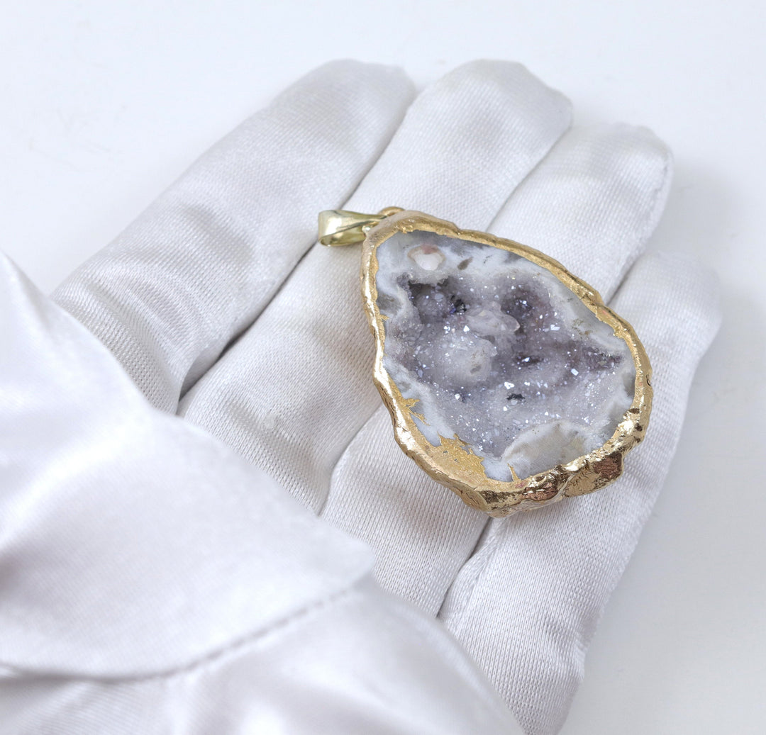 Baby Geode Drusy Necklace Pendant 14k gold plate Gray Druzy Large Grey Natural Stone  Earthy Simple Spyglass Designs 3