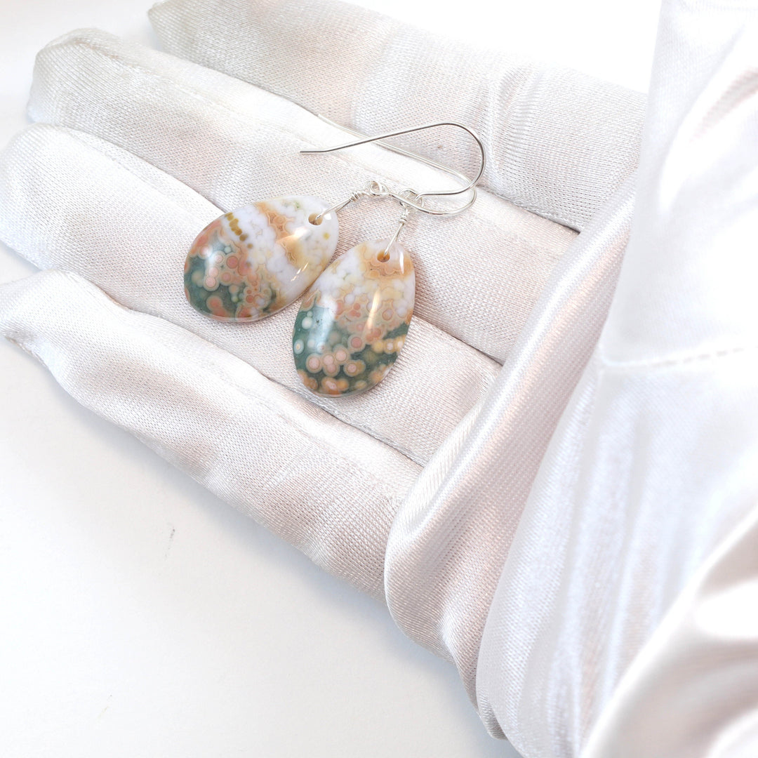 Pink Ocean Jasper Earrings Green Soft Pink Circles 14k solid gold or filled or Sterling Silver Off Round Smooth Dangle Natural Simple Drop