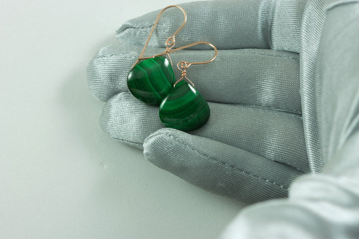 Malachite Earrings Green Heart smooth Natural Dangle Drops Sterling Silver or 14k Solid Yellow Gold or Rose or Yellow Filled simple design