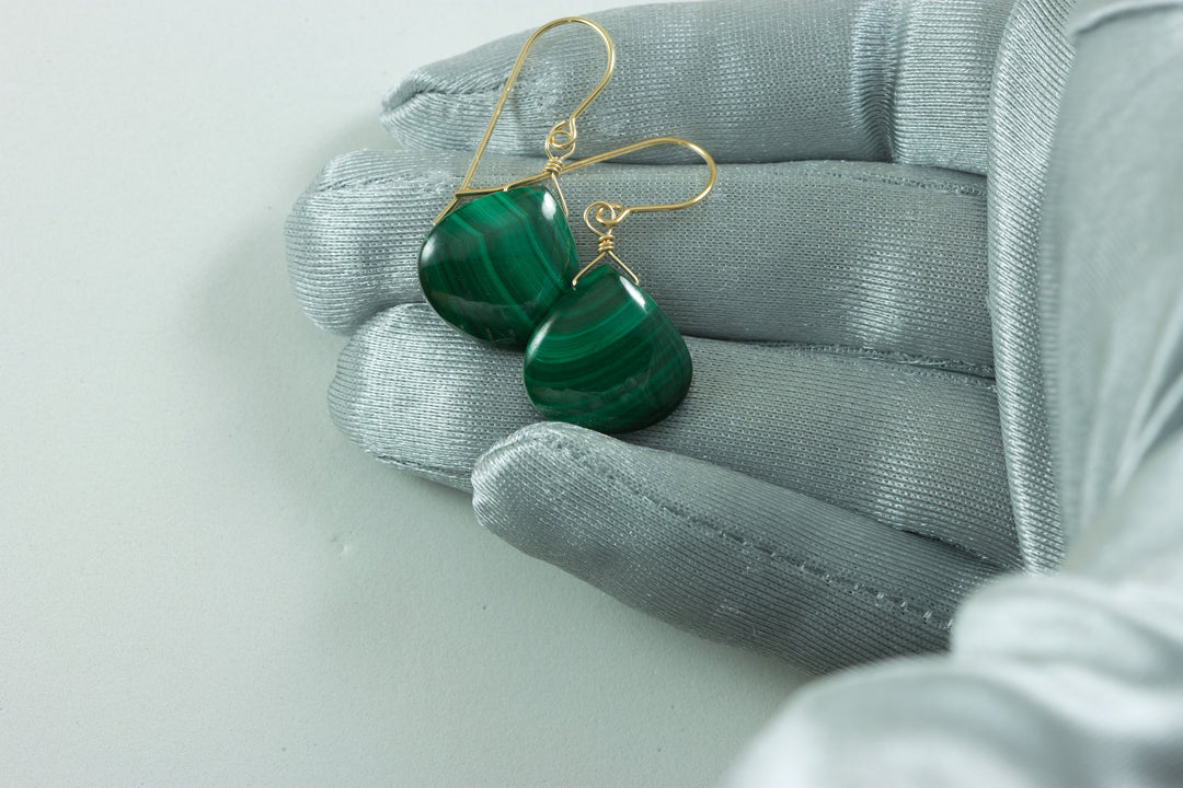Malachite Earrings Green Heart smooth Natural Dangle Drops Sterling Silver or 14k Solid Yellow Gold or Rose or Yellow Filled simple design