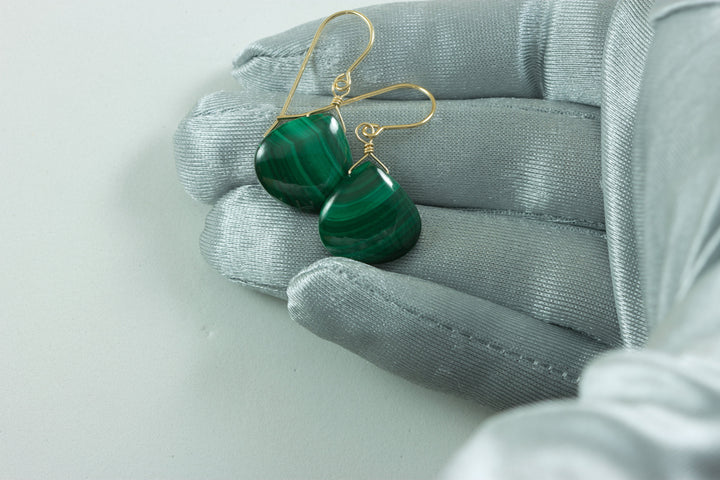 Malachite Earrings Green Heart smooth Natural Dangle Drops Sterling Silver or 14k Solid Yellow Gold or Rose or Yellow Filled simple design