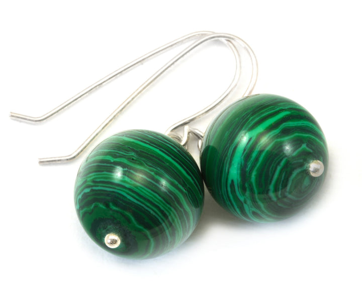 Malachite Earrings Green Round 12mm Dangle Drops Sterling Silver or 14k Gold Filled Classic Shape Simple Daily Wear Spyglass Designs