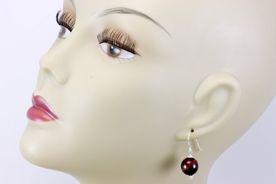 Tiger's Eye Earrings Smooth Round Drops Red or Golden Sterling Silver or 14k Solid Gold or  Filled Striped Natural Simple Spyglass Designs