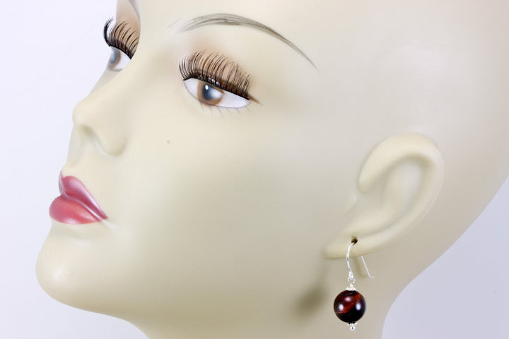 Tiger's Eye Earrings Smooth Round Drops Red or Golden Sterling Silver or 14k Solid Gold or  Filled Striped Natural Simple Spyglass Designs