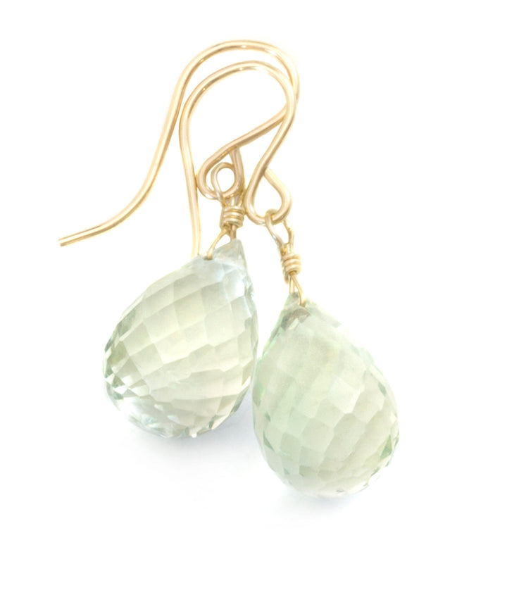 Green Amethyst Earrings Prasiolite Faceted AAA Briolette Teardrop 14k Solid Gold or Filled or Sterling Silver Simply Daily Soft Green Drops