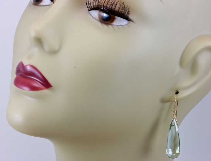 Green Amethyst Earrings Prasiolite Faceted AAA Pear Teardrop 14k Solid Gold or Filled or Sterling Silver Long Drop Classic Briolettes