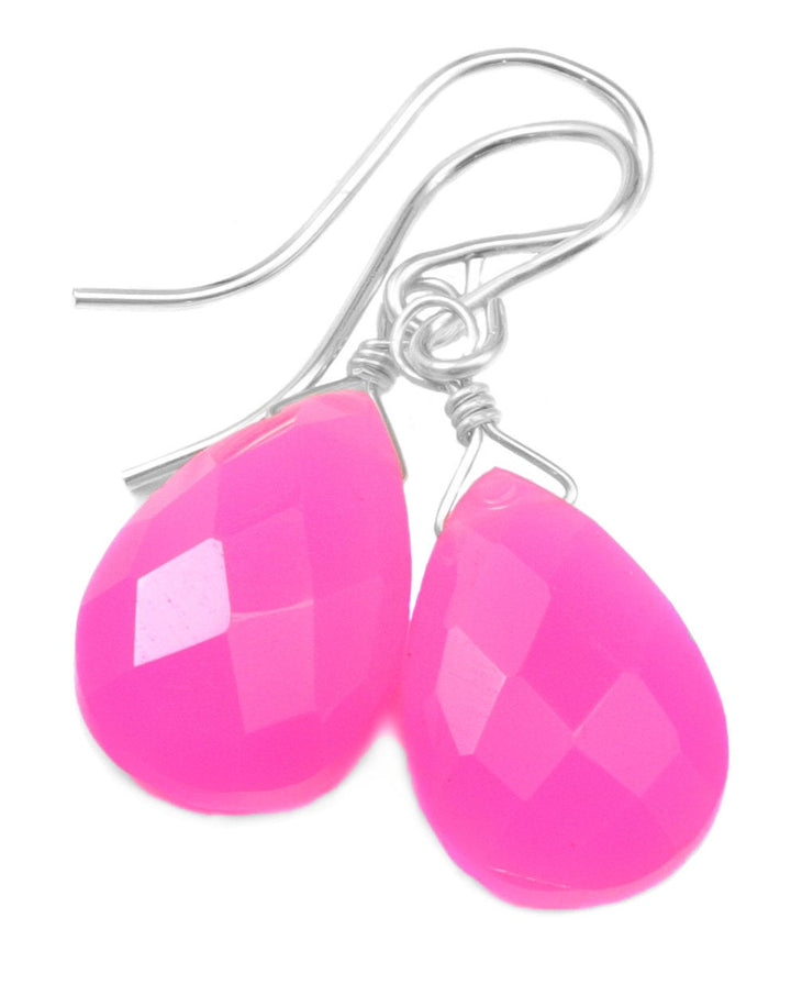 Neon Pink Chalcedony Earrings AAA Faceted Briolette Drops 14k Solid Gold or Filled or Sterling Silver Pear Fuchsia Magenta Simple Drops