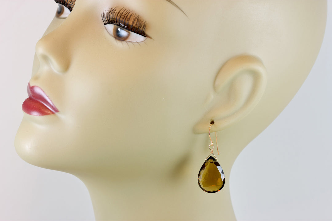 Whiskey Cognac Smokey Quartz Earrings Sterling Silver or 14k Solid Yellow Gold or Yellow or Rose Filled Large Teardrop Natural Classic Drops