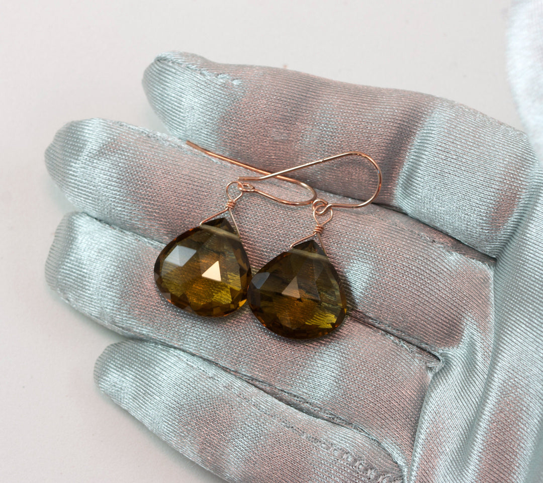 Whiskey Cognac Smoky Quartz Earrings Large Heart Sterling Silver or 14k Solid Gold or Yellow or Rose Filled Teardrop Natural Classic Drops